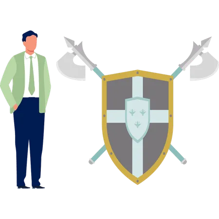 Office boy standing near security shield  Illustration