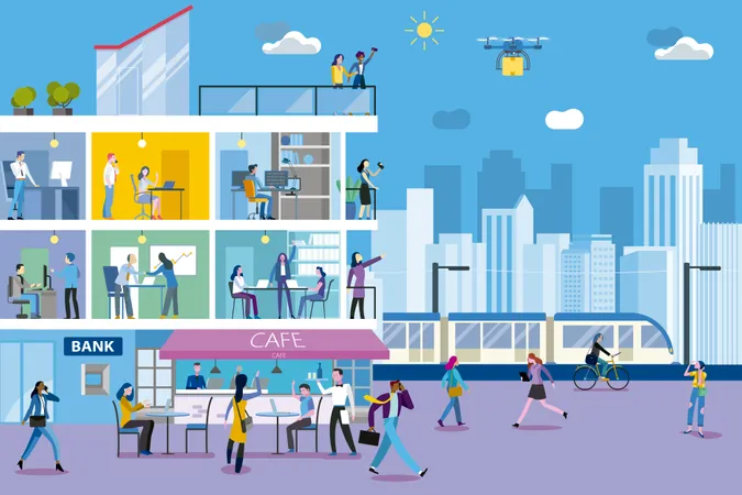 Office building with business people working in different departments, and city landscape  Illustration