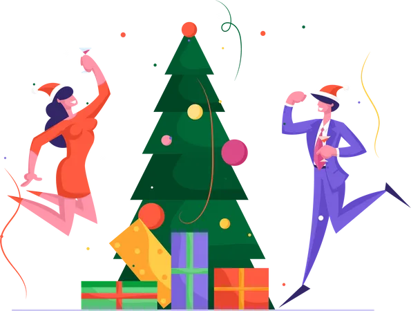 Business People Have Fun On Office Christmas Party In Happy Company Of Colleagues New Year Celebration At Work With Champagne Decorated Xmas Tree And Confetti Cartoon Flat Vector Illustration Illustration