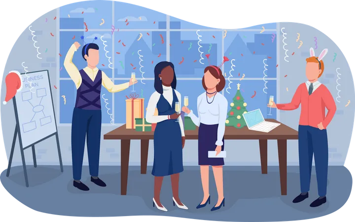 Office Christmas Party 2 D Vector Isolated Illustration Colleagues With Drinks In Flute Glasses Happy Coworkers Flat Characters On Cartoon Background Festive Holidays Celebration Colourful Scene Illustration
