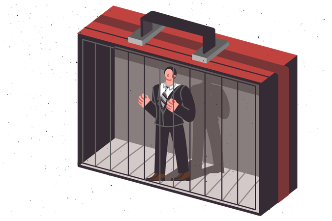 Office clerk locked in cage shaped like business suitcase as metaphor for corporate pressure  Illustration