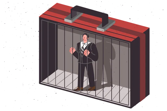 Office clerk locked in cage shaped like business suitcase as metaphor for corporate pressure  Illustration