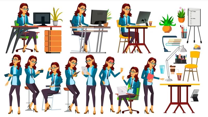 Office Worker Vector Woman Servant Employee Front Side View Poses Business Woman Person Accountant Lady Emotions Various Gestures Flat Character Illustration Illustration