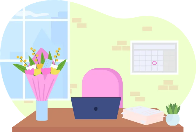 Office desk with bouquet in vase Illustration