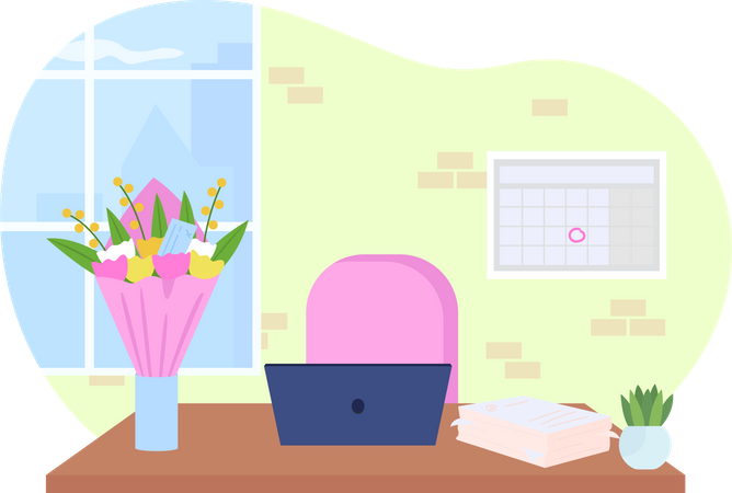 Office desk with bouquet in vase  Illustration