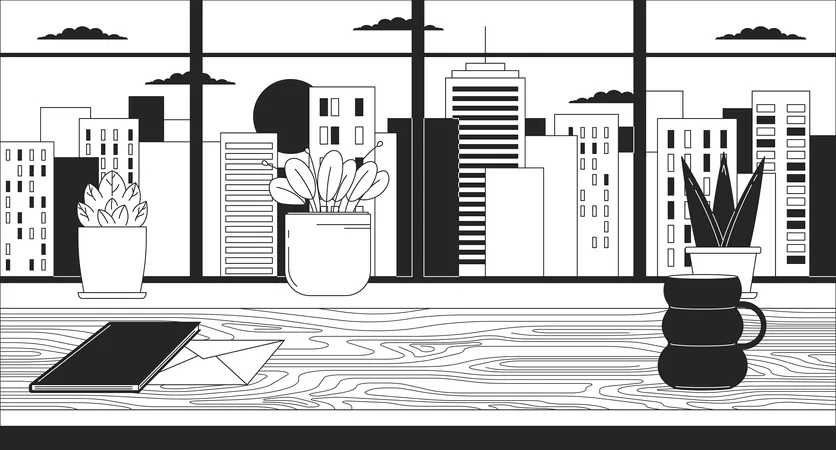 Office Desk With Window Cityscape Sunset Black And White Lofi Wallpaper Workstation Sundown Urban 2 D Outline Scene Cartoon Flat Illustration Windowsill Plants Vector Line Lo Fi Aesthetic Background Illustration