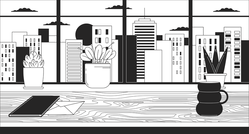 Office desk with window cityscape sunset  イラスト