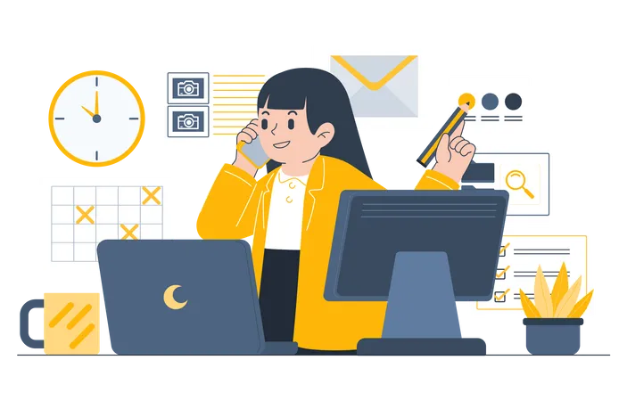 Young Woman Working As Secretary Calling And Schedules An Appointment Meeting In Cartoon Character Vector Illustration Illustration
