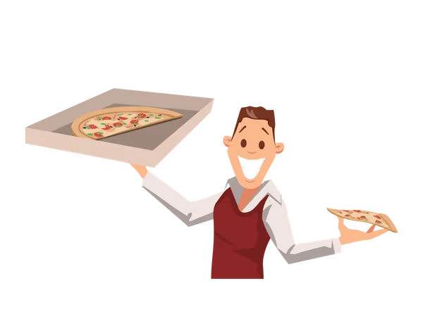 Office employee holding pizza box and slice  Illustration