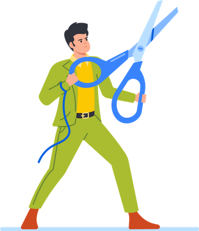 Office Employee Male Cuts Rope On His Hands With Large Scissors  Illustration