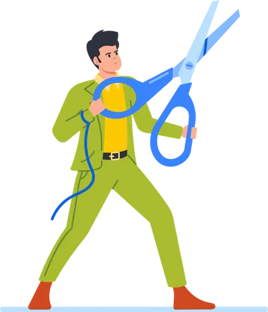 Office Employee Male Cuts Rope On His Hands With Large Scissors  Illustration