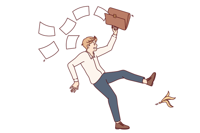 Office employee slipped on banana peel and scattered documents from briefcase  イラスト
