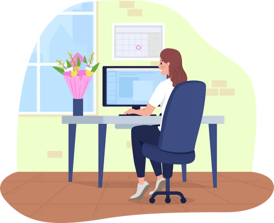 Office Employee With Gifted Bouquet 2 D Vector Isolated Illustration Female Employee Received Flowers Woman Sitting At Computer Desk Flat Character On Cartoon Background Work Space Colourful Scene Illustration