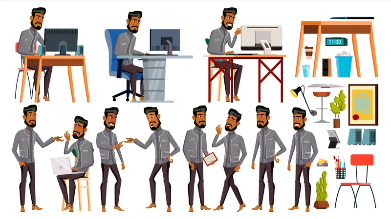 Office Employee Working In Office With Working Gesture  Illustration