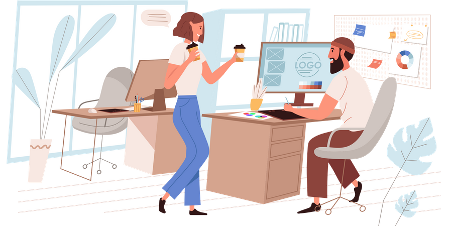 Office Employees Sharing Coffee  Illustration