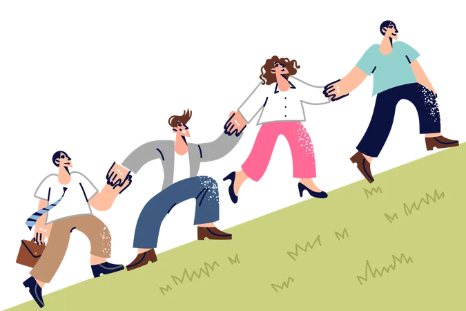 Friendly Team Of Office Workers Climb Hill Together And Hold Hands Demonstrating Teamwork Skills Team Of People Successfully Copes With Task Thanks To Collaboration And Coworking Or Synergy Illustration
