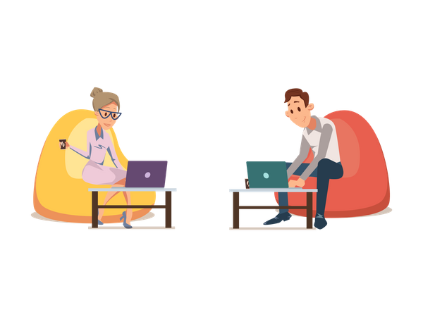 Office employees working on laptop and sitting on beanbag  Illustration