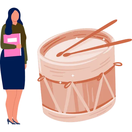 Office girl with file and drum watching  Illustration