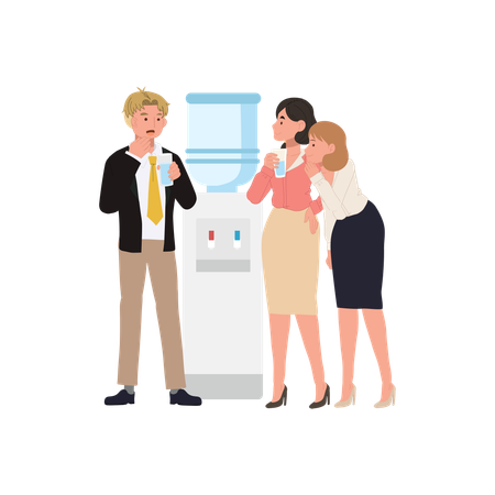 Office gossip concept. coworkers gossiping at water cooler. vector illustration  Illustration