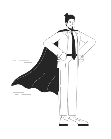 Office Hero Black And White Cartoon Flat Illustration Successful Career Caucasian Male With Waving Cape 2 D Lineart Character Isolated Leadership Development Monochrome Scene Vector Outline Illustration