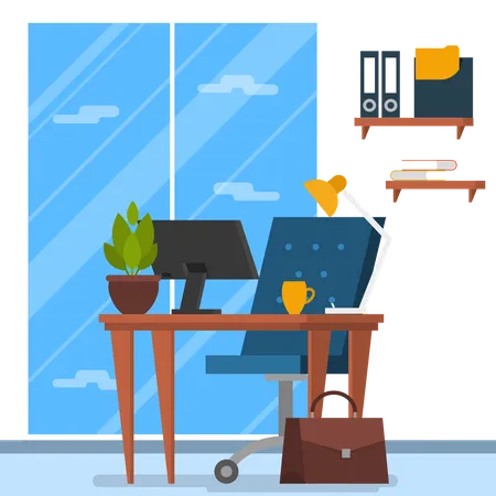 Office Interior Chair And Computer On The Desk Workplace Of The Office Worker Empty Workspace Isolated Vector Illustration In Cartoon Style Illustration