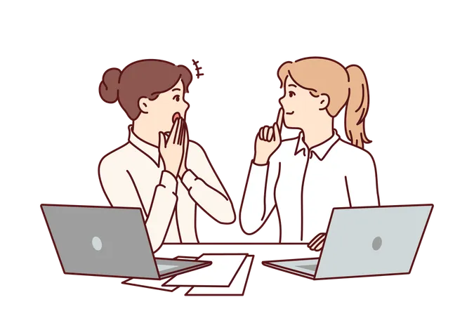 Woman Office Workers Gossip And Share Secret Forbidden For Distribution Sitting At Table With Laptops And Papers Girls Gossip And Make Shh Sign Forbidding Data Dissemination Due To NDA Contract Illustration