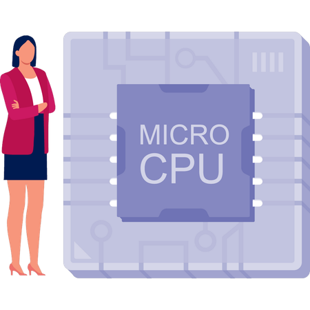 Funcionária de escritório em pé perto do microchip  Ilustração