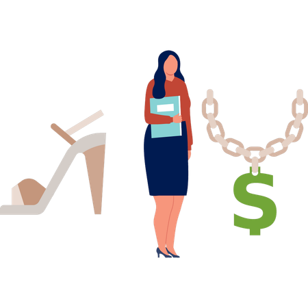 Office lady holding file looking at dollar necklace  Illustration