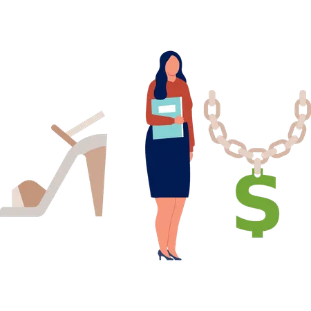 Office lady holding file looking at dollar necklace  Illustration