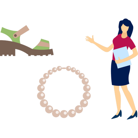 Office lady is holding file pointing shoes  Illustration