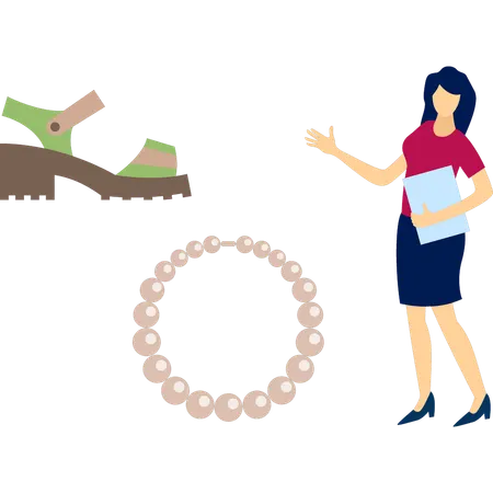 Office lady is holding file pointing shoes  Illustration