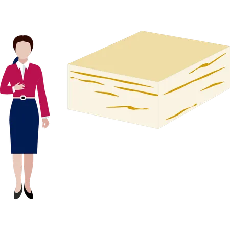 Office lady pointing at  square cheese  Illustration