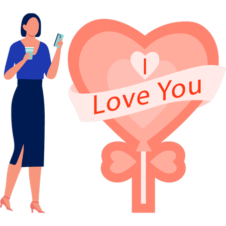 Office lady standing near love bouquet  Illustration