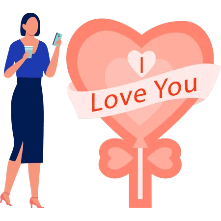 Office lady standing near love bouquet  Illustration