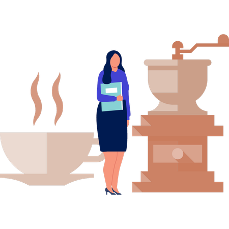 Office lady standing next to maker machine  Illustration