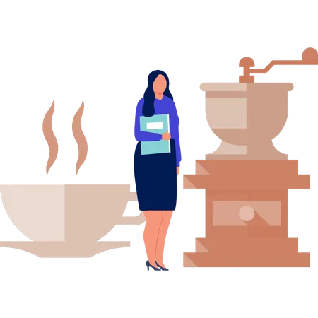 Office lady standing next to maker machine  Illustration