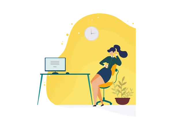 Office Lady talking on mobile and holding drink cup while working on desk  Illustration