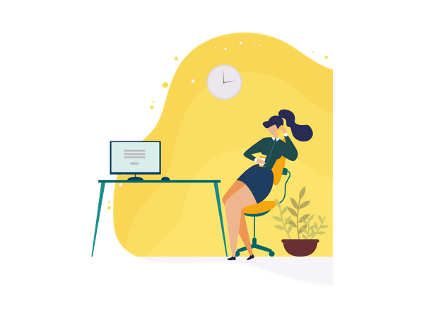 Office Lady talking on mobile and holding drink cup while working on desk  Illustration