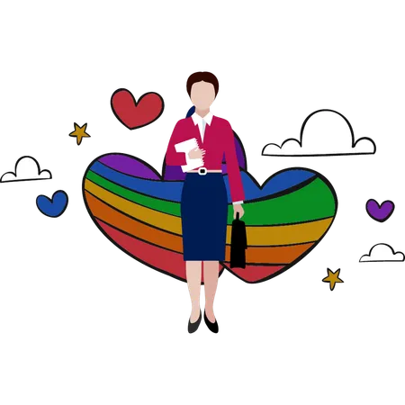 Office lady with bag presenting pride day rainbow  Illustration