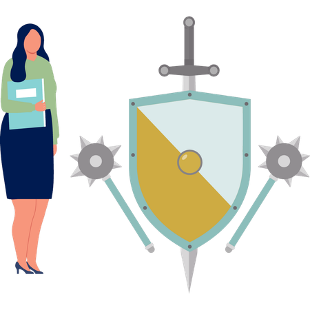 Office lady with file looking medieval shield  Illustration