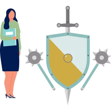 Office lady with file looking medieval shield  Illustration