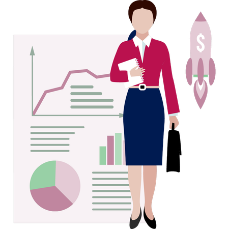 Office lady with holding bag presenting start up rocket  Illustration