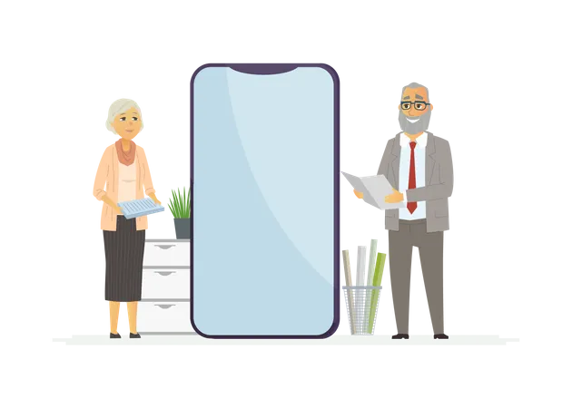 Office Life Colorful Modern Vector Illustration With Cartoon Characters A Composition With Senior Man And Woman Holding Papers Reports A Smartphone With Place For Your Image On The Screen Illustration
