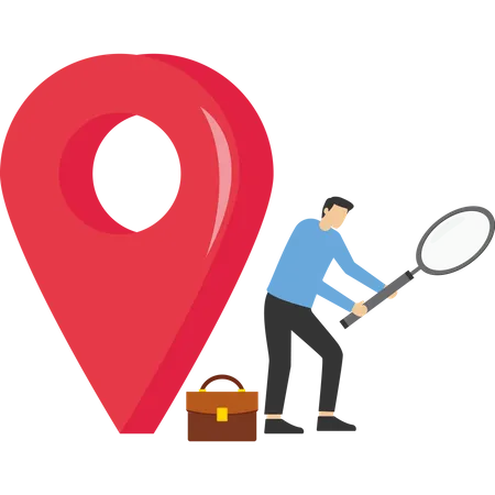 Office Location Street Information Concept Map Or Directions To Navigate Or Find Position Location Search For Business Address Curious Businessman Search With Magnifying Glass With Map Location Pin Illustration