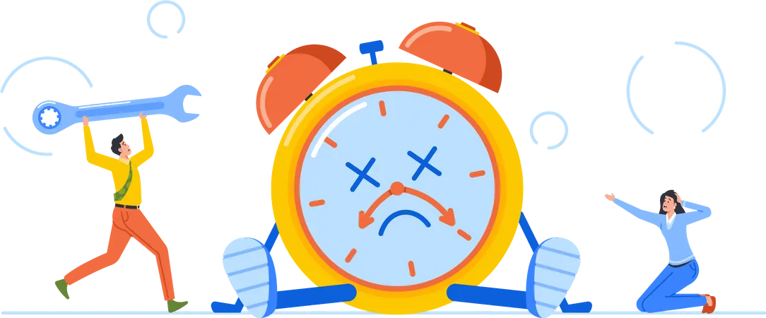 Office Man And Woman With Wrench Repairing Huge Exhausted Clock Time Is Over Concept Tiny Male And Female Characters Trying To Fix Broken Alarm Clock Cartoon People Vector Illustration Illustration