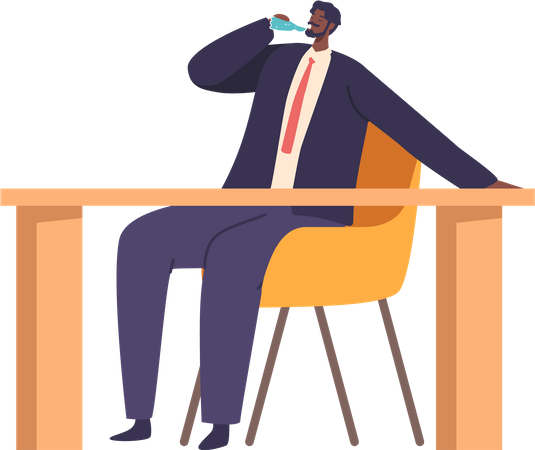 Office Man Character Sit At Desk, Taking Refreshing Break. He Reaches For A Bottle, Quenching His Thirst With A Cool Sip  Illustration