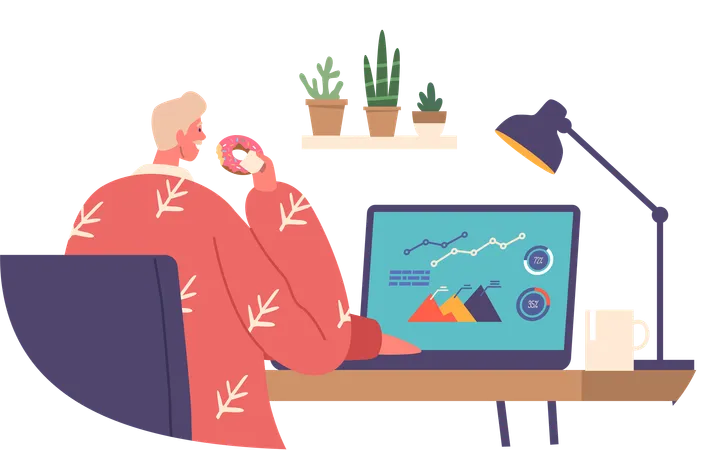 Man Indulges In A Sugary Delight Munching On A Donut At His Desk In The Office Busy And Hungry Male Character Finding A Moment Of Bliss Amid Work Chaos Cartoon People Vector Illustration Illustration