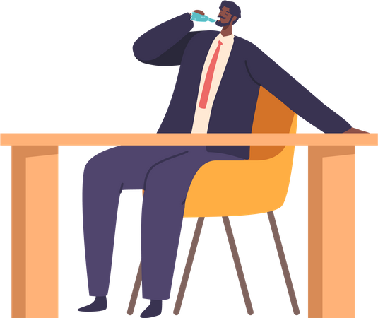 Personagem de homem de escritório sentado na mesa, fazendo uma pausa refrescante. Ele pega uma garrafa, saciando a sede com um gole gelado  Ilustração