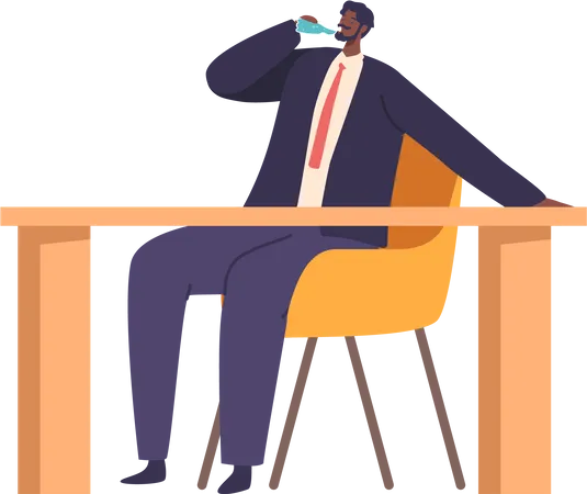 Personagem de homem de escritório sentado na mesa, fazendo uma pausa refrescante. Ele pega uma garrafa, saciando a sede com um gole gelado  Ilustração