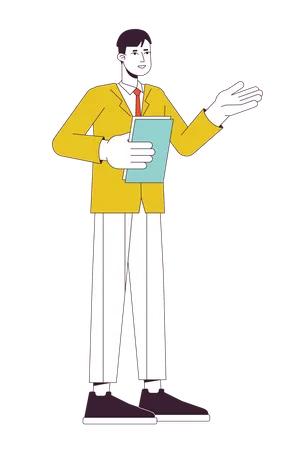 Office Man Presenting Business Report At Work Flat Line Color Vector Character Editable Outline Full Body Person On White Manager With Papers Simple Cartoon Spot Illustration For Web Graphic Design Illustration